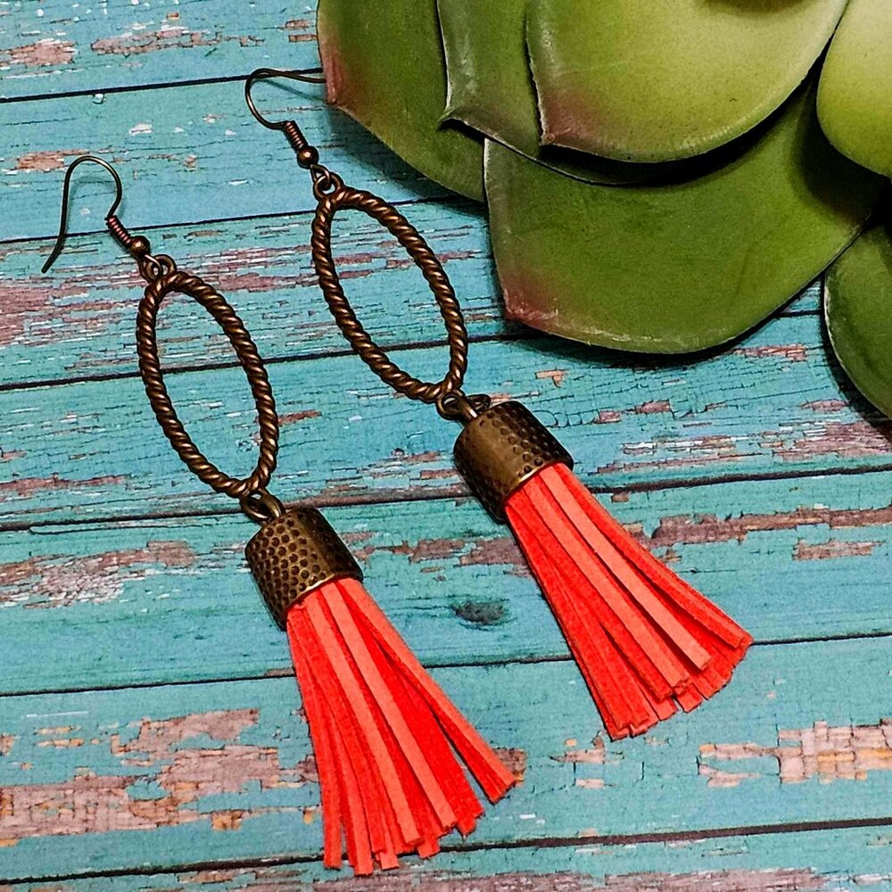 Artisan Hand Crafted Earrings Coral Faux Suede Tassel Antique Gold Pierced